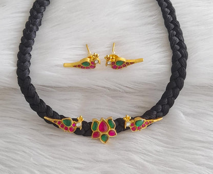 Gold tone black silk thread pink-green-white lotus bird kundan jadau necklace set dj-47366