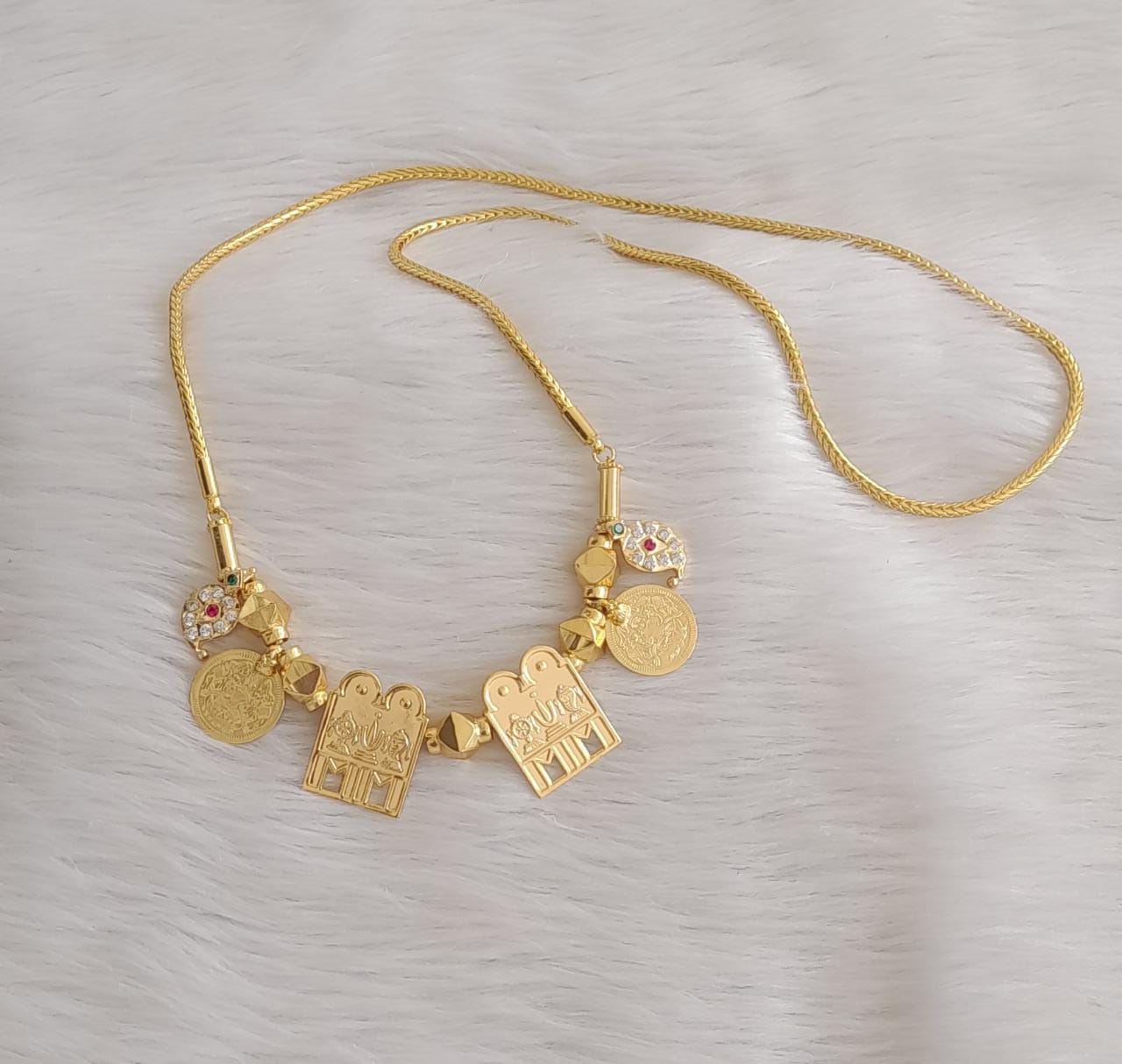 Gold tone 24 inches chain with pink-green-white stone mango lakshmi coin shanku-chakra-nama thiru mangalyam-dj43572