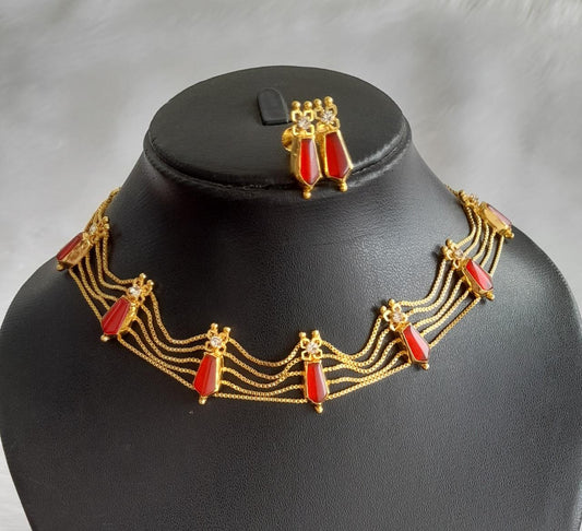 Gold tone white-red nagapadam Kerala style choker necklace set dj-42073