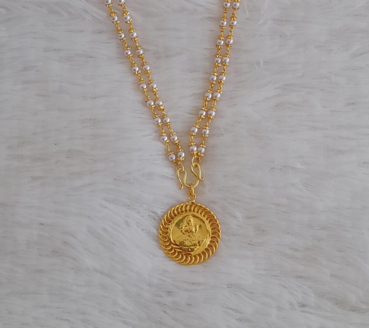 Gold tone pearl double layer chain with Lakshmi pendant dj-41902