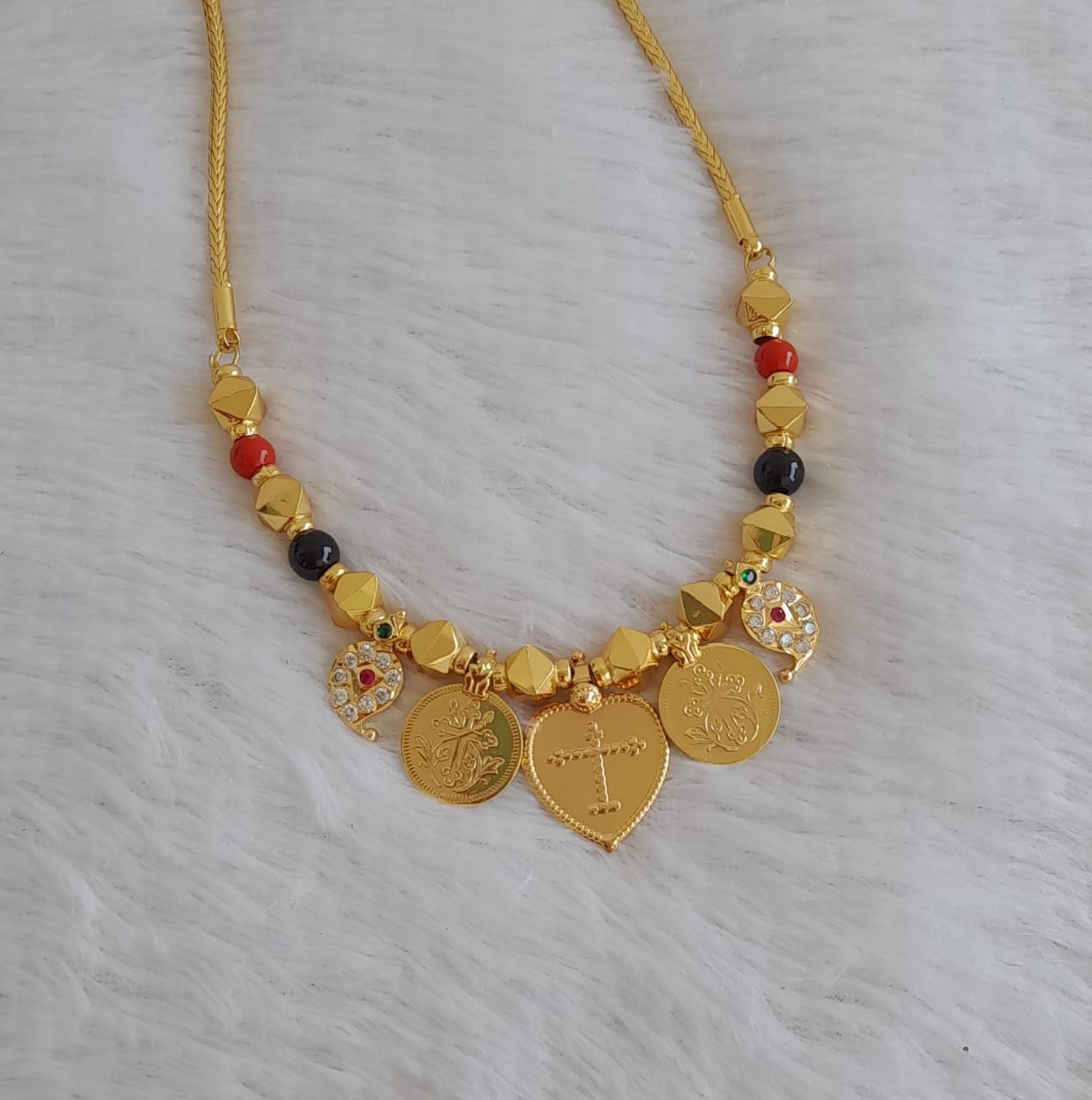 Gold tone 24 inches kodi chain with pink-green-white stone mango cross coin christian mangalyam dj-49863