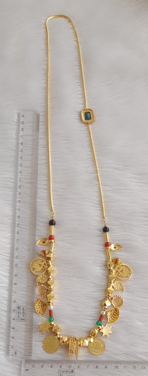 Gold tone ruby-green mugappu with black-coral mango swan lakshmi coin thiru mangalyam dj-43220