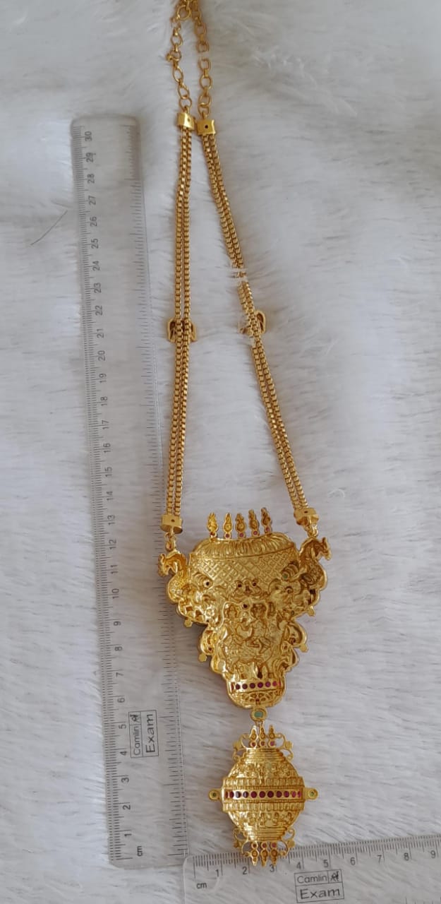 Antique gold tone kemp-green uma-maheshwar temple pendant elephant haar dj-50500