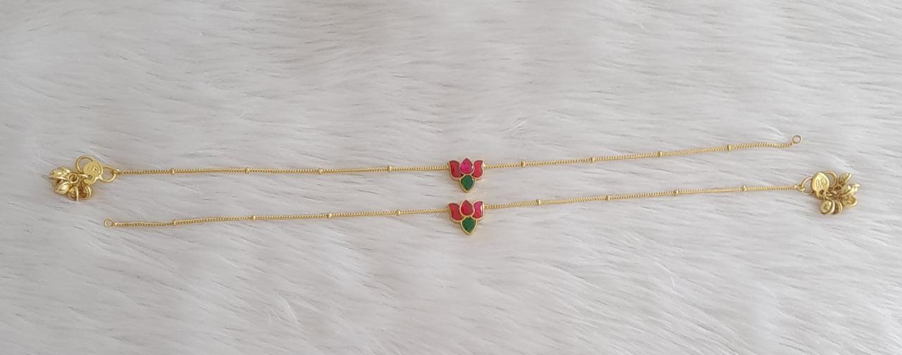 Antique Gold tone pink-green lotus kundan jadau anklets dj-43350