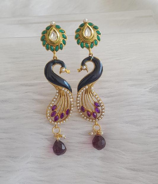 Antique gold tone green-blue-purple peral peacock long earrings dj-46062