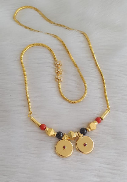 Gold tone coral-black bead bottu mangalyam with white mugappu chain dj-43351