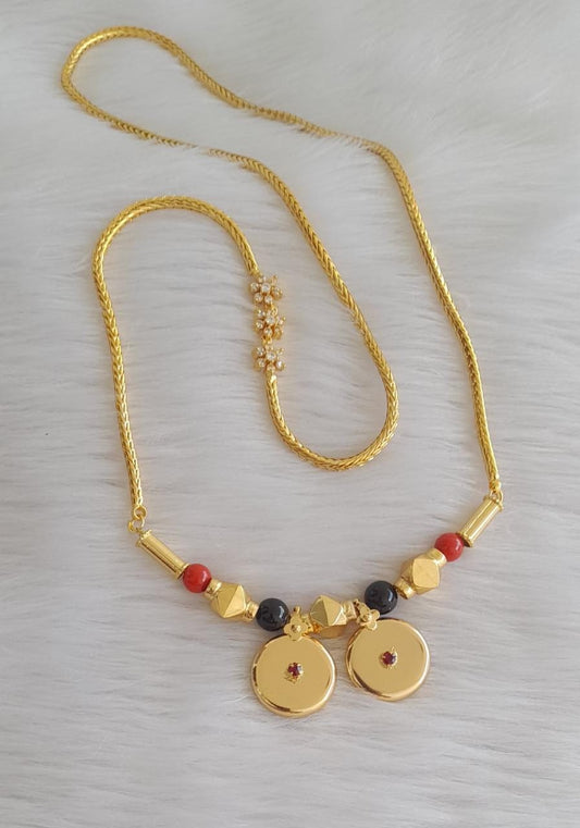 Gold tone coral-black bead bottu mangalyam with white mugappu chain dj-43351