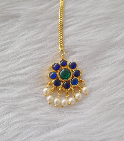 Gold tone blue-green flower temple tikka dj-43708