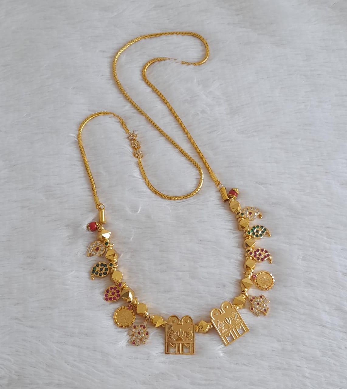 Gold tone 24 inches cz flower mugappu chain with Thirumal Nama-shanku-chakra mangalyam dj-50013