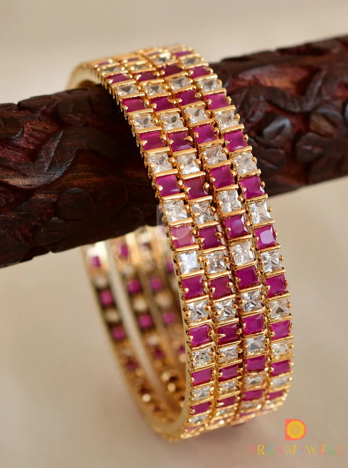 Gold tone ruby-white square stone set of 4 bangles(2.6) dj-45632