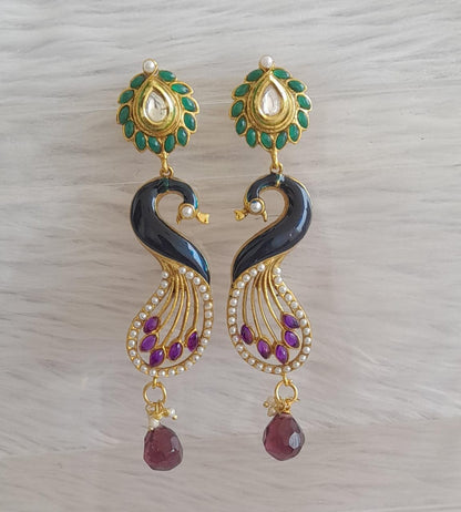 Antique gold tone green-blue-purple peral peacock long earrings dj-46062