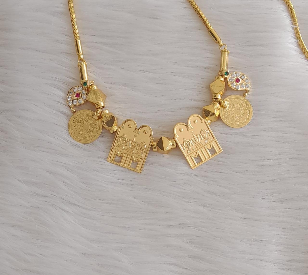Gold tone 24 inches chain with pink-green-white stone mango lakshmi coin shanku-chakra-nama thiru mangalyam-dj43572