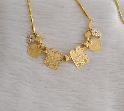 Gold tone 24 inches chain with pink-green-white stone mango lakshmi coin shanku-chakra-nama thiru mangalyam-dj43572