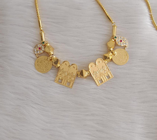 Gold tone 24 inches chain with pink-green-white stone mango lakshmi coin shanku-chakra-nama thiru mangalyam-dj43572