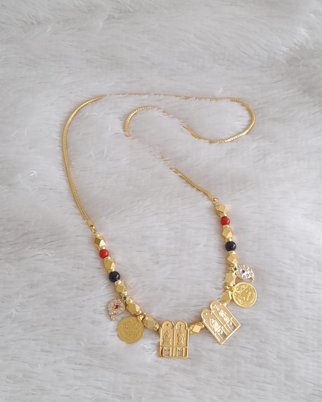 Gold tone 24 inches kodi chain with coral-black bead stone mango lakshmi coin sokkar meenakshimangalyam dj-50501