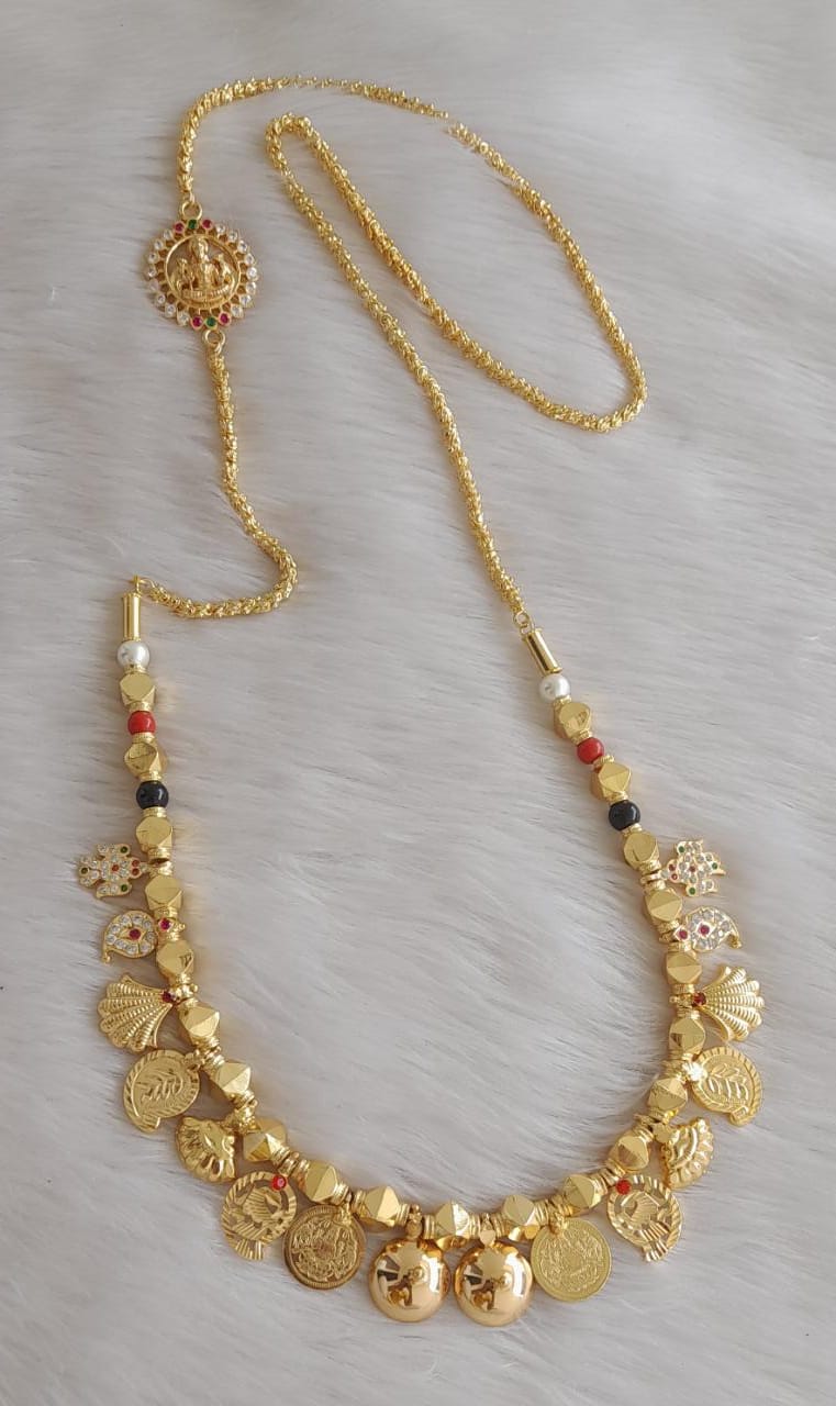 Gold tone black-coral-pearl beaded bottu lakshmi coin mango mangalyam with lakshmi mugappu dj-42834