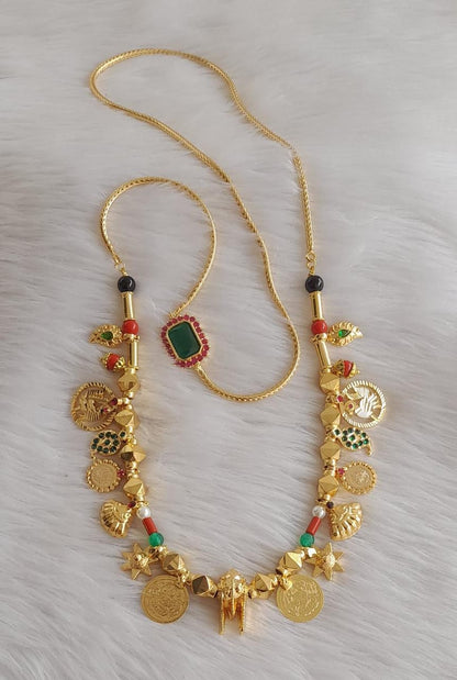 Gold tone ruby-green mugappu with black-coral mango swan lakshmi coin thiru mangalyam dj-43220