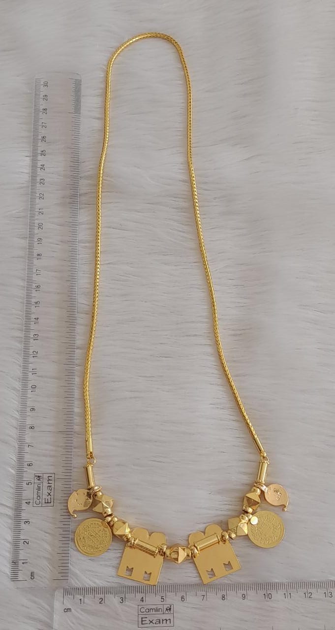 Gold tone 24 inches chain with pink-green-white stone mango lakshmi coin shanku-chakra-nama thiru mangalyam-dj43572