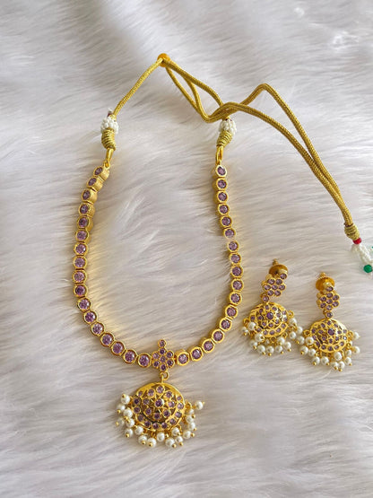 Gold tone South Indian style purple attigai set dj-34632