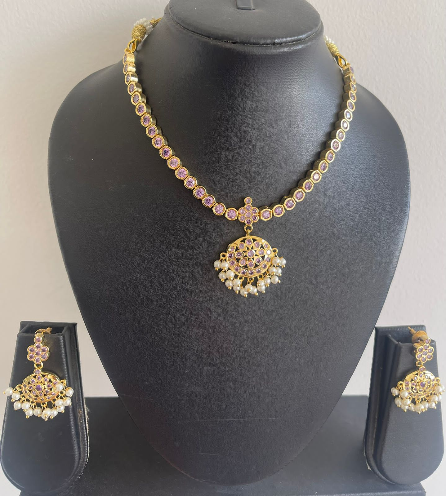 Gold tone South Indian style purple attigai set dj-34632