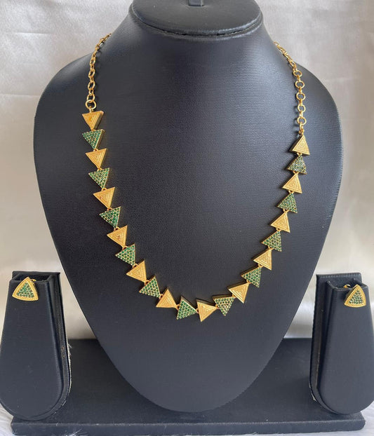 Gold tone cz green triangle necklace set dj-43102
