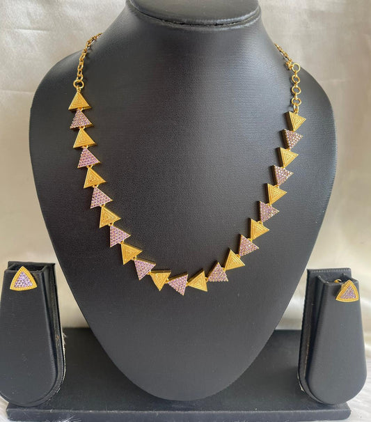 Gold tone cz purple triangle necklace set dj-43103