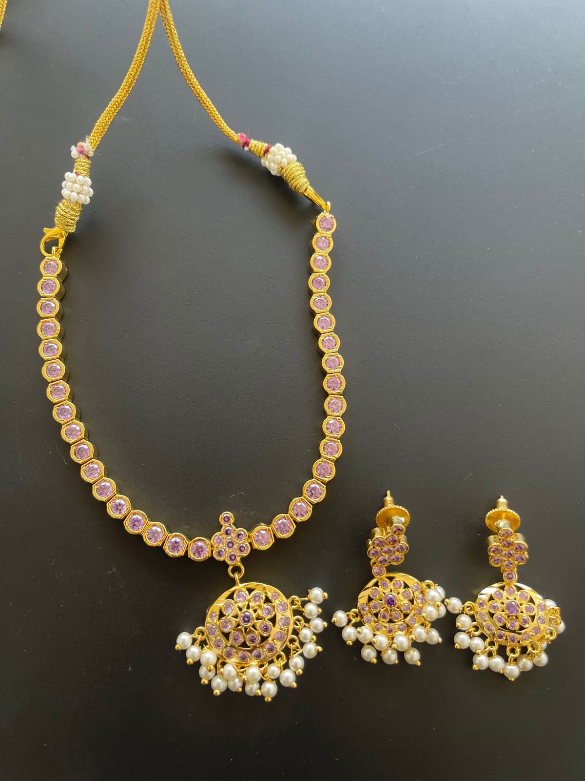 Gold tone South Indian style purple attigai set dj-34632