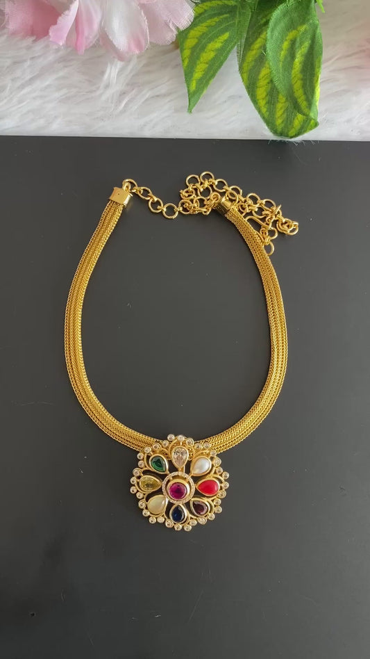 Matte finish cz Navarathna necklace set dj-51831