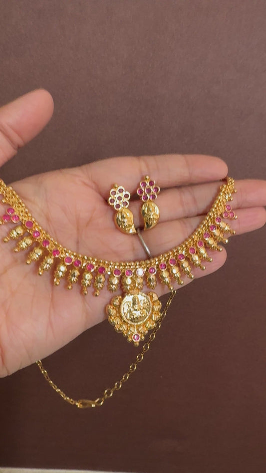 Gold tone pink stone lakshmi coin mango necklace set dj-53050