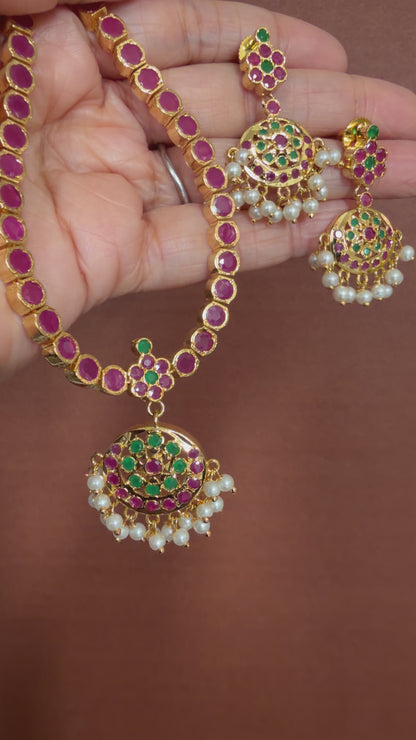 Gold tone AD ruby-green south indian style attigai/necklace set dj-51669