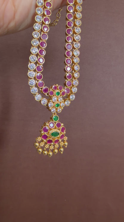 Matte finish white-ruby-green double layer attigai/necklace set dj-53178