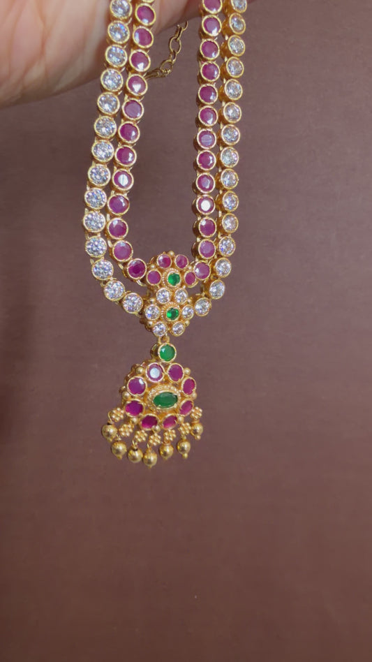 Matte finish white-ruby-green double layer attigai/necklace set dj-53178