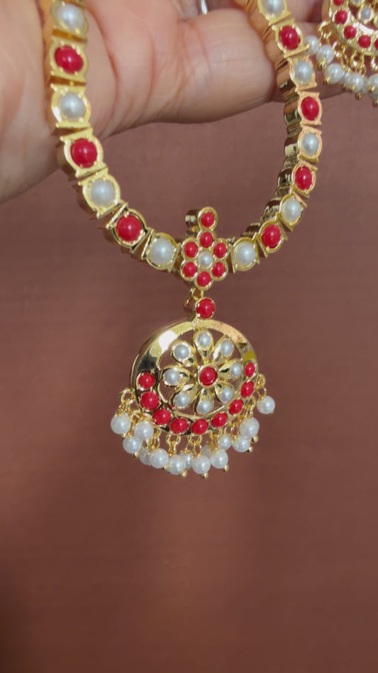 Gold tone pearl-coral south indian style attigai/necklace set dj-18310
