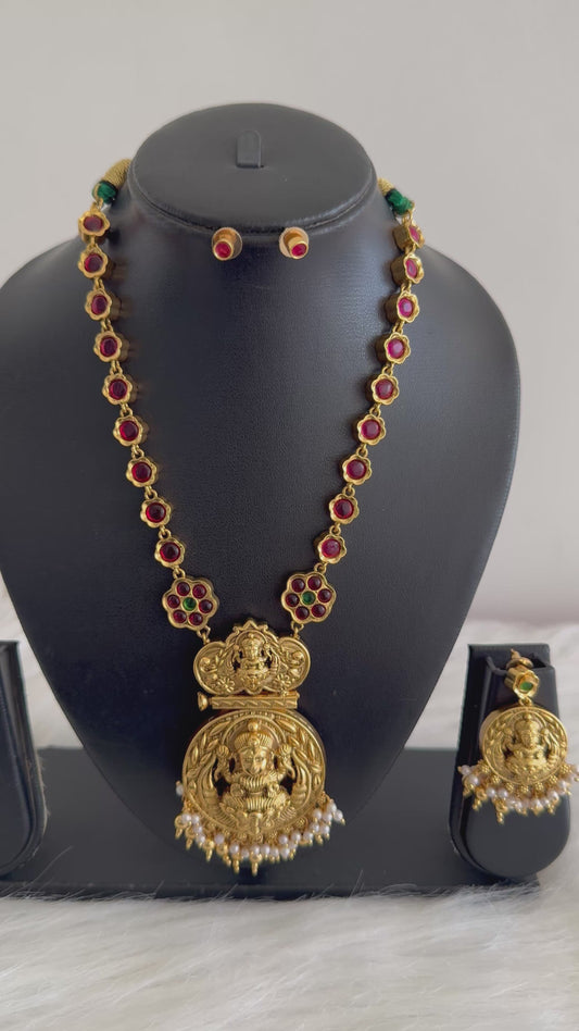 Matte finish kemp-green reversible flower Lakshmi necklace set dj-51215