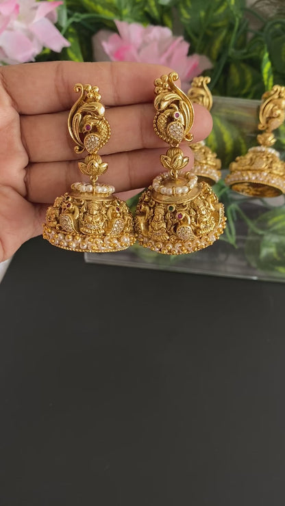 Antique gold tone ruby-green pearl lakshmi peacock nakshi jhumkka dj-47734