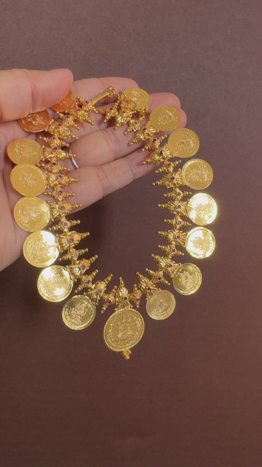 Gold tone pink stone lakshmi coin necklace  dj-53077