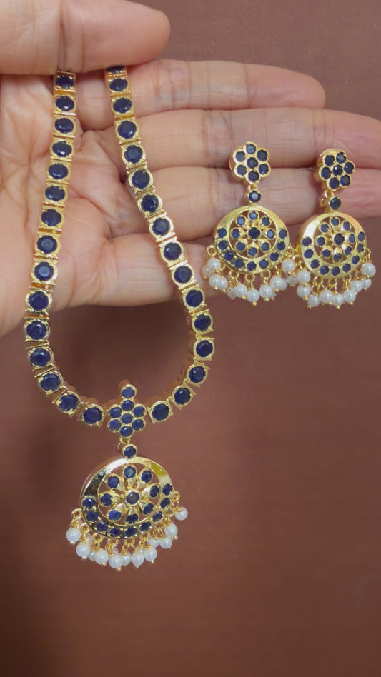Gold tone south Indian style dark blue attigai set dj-34634