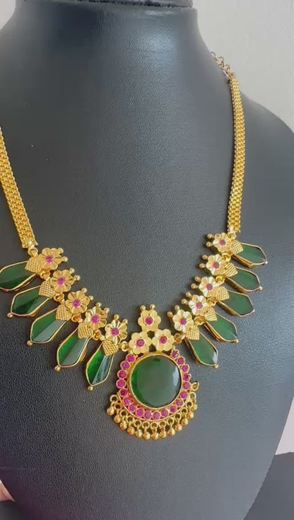 Gold tone AD stone green nagapadam Kerala style necklace dj-36396