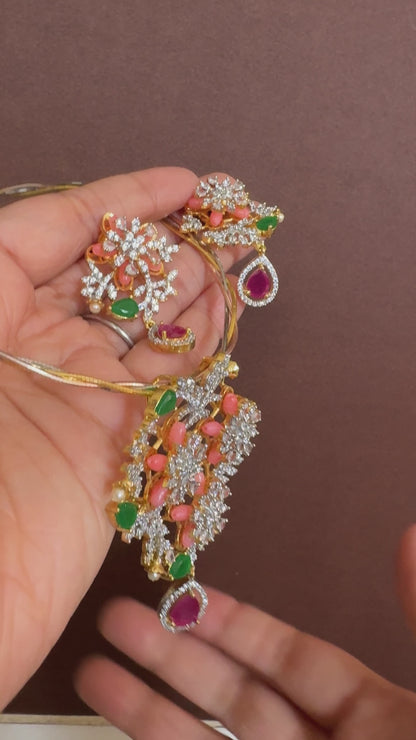 Two tone cz pink-green beaded flower kanti necklace set dj-53097