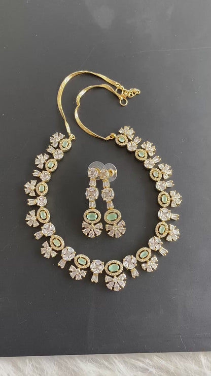 Gold Tone Cz Sea Green Monalisa Necklace Set DJ31382