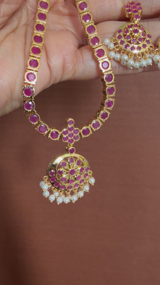 Gold tone ruby south Indian style attigai/necklace set dj-28351