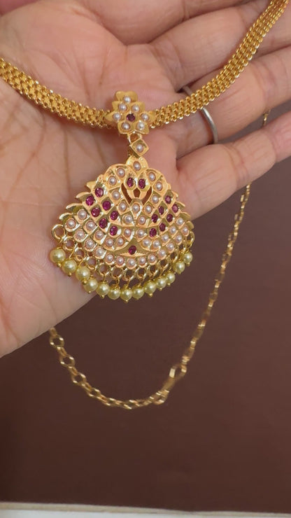 Gold tone South Indian style AD ruby-pearl swan attigai/necklace dj-53041