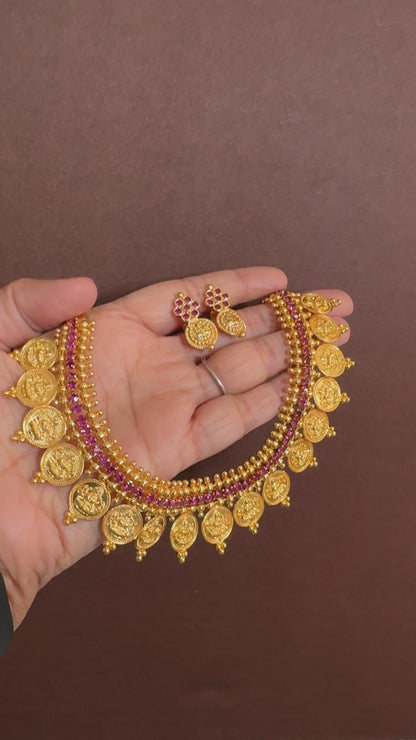 Gold tone pink stone lakshmi coin necklace set dj-53049
