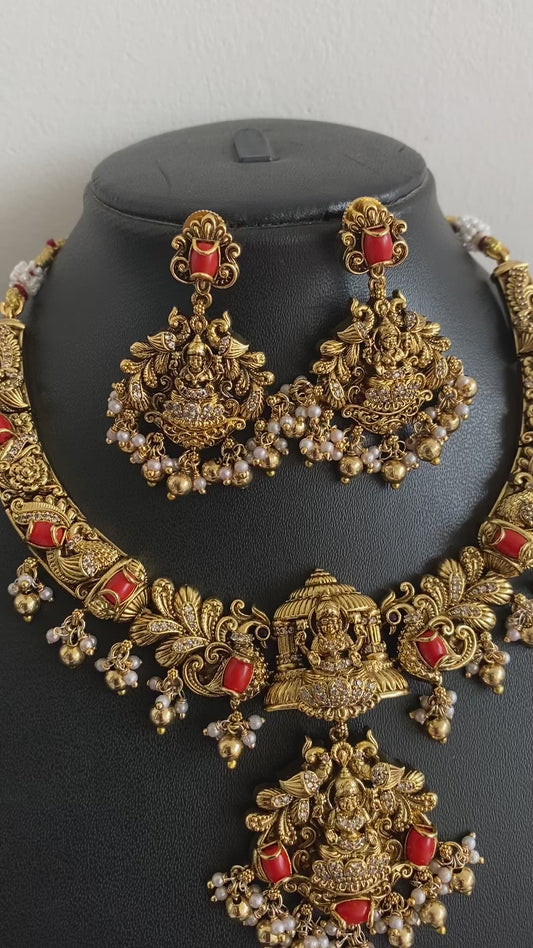 Antique gold tone cz white-coral stone lakshmi peacock nakshi necklace set dj-47739