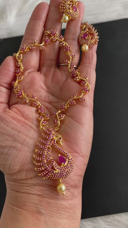 Gold Tone Cz Ruby Peacock Necklace Set DJ31338