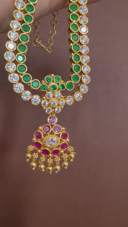 Matte finish green-white-pink double layer attigai/necklace set dj-52720