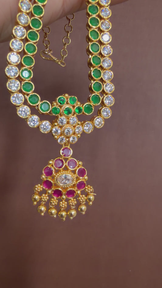 Matte finish green-white-pink double layer attigai/necklace set dj-52720