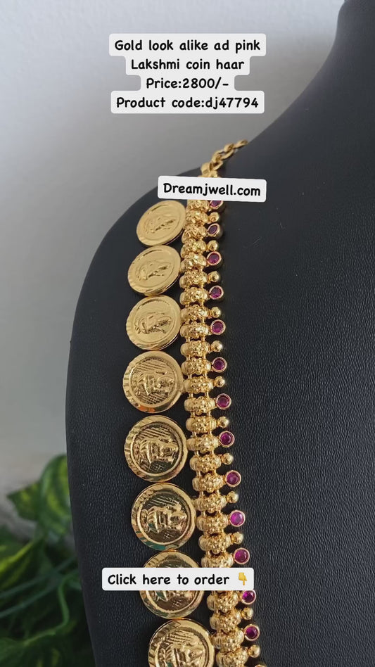 Gold look alike ad pink stone lakshmi coin haar dj-47794