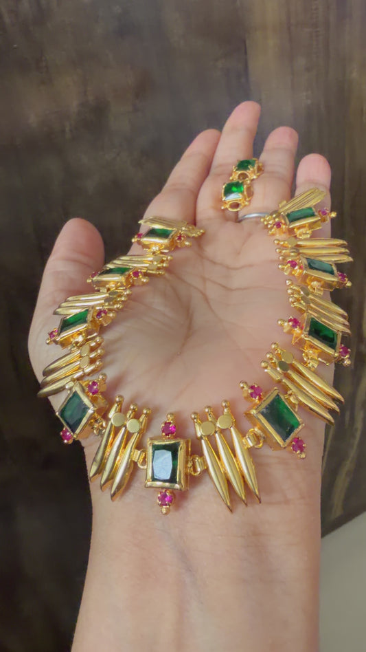 Gold tone mulla mottu green block stone kerala style set dj-34387