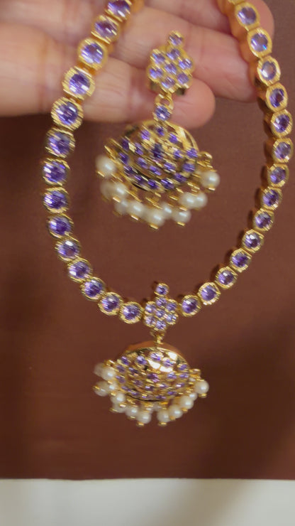 Gold tone AD purple south indian style attigai/necklace set dj-45882
